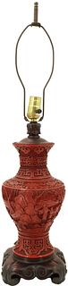Antique Asian Cinnabar Vase Lamp