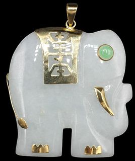 14K Yellow Gold & White Jade Elephant Pendant