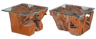 Pair of Contemporary Driftwood and Glass Coffee Tables