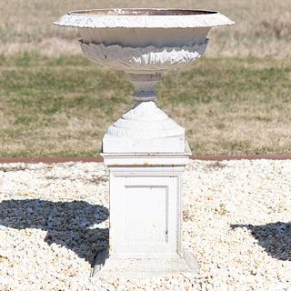 Victorian White Painted Cast-Iron Urn on Pedestal, Stamped J. W. Fiske