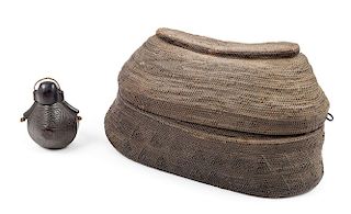 A Group of Two African Items, DEMOCRATIC REPUBLIC OF THE CONGO, comprising a Kuba powder mask and a Yaka lidded basket