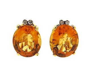 18k Gold Orange Stone Diamond Earrings