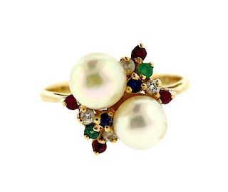 18k Gold Pearl Diamond Ruby Emerald Sapphire Ring