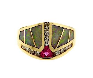 14k Gold Opal Diamond Gemstone Ring