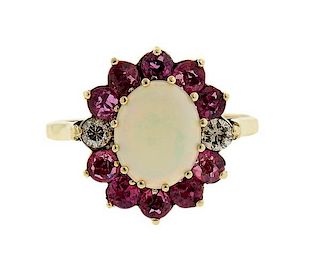 English 9k Gold Opal Diamond Gemstone Ring