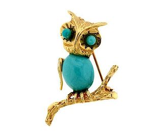 14k Gold Turquoise Owl Brooch Pin