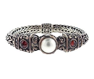 Sterling Silver Red Stone Pearl Bracelet