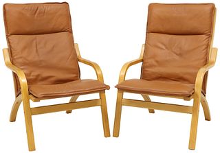 (2) DANISH STOUBY MID-CENTURY MODERN TEAK & LEATHER LOUNGE CHAIRS