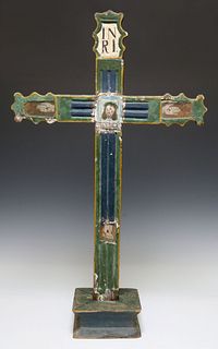 NEW MEXICO CARVED & POLYCHROME PAINTED ALTAR CROSS DATED 1882