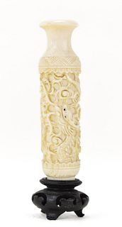 BONE SNUFF BOTTLE WITH HAND CARVED DRAGONS & STAND