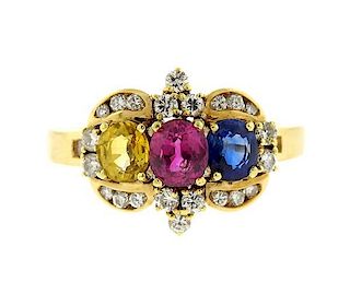 18k Gold Diamond Multi Color Stone Ring