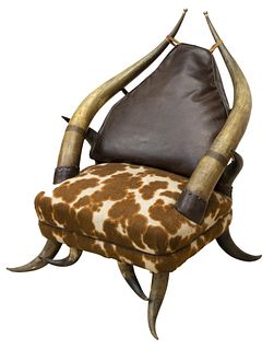 WESTERN HORN FRAME LEATHER & FAUX COWHIDE CHAIR