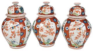Three Chinese Porcelain Lidded Ginger Jars in the Imari Palette