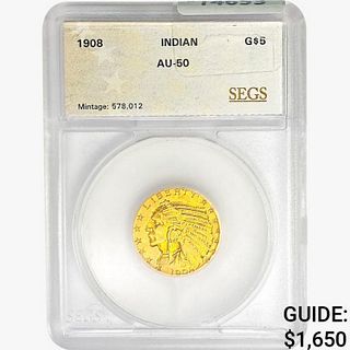 1908 $5 Gold Half Eagle SEGS AU50 