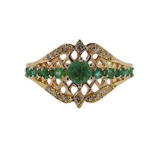 14K Gold Diamond Emerald Openwork Ring