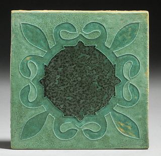 Large Owens Pottery Matte Green Tile c1910