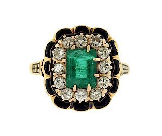 14k Gold Diamond Emerald Enamel Ring