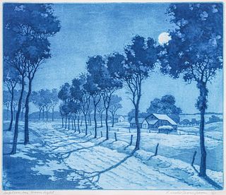 Floyd Leslie Thompson (1889-1965) Color Etching Aquatint "September Moonlight" c1930s