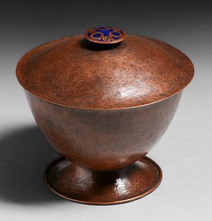 Boston Arts & Crafts Hammered Copper & Enamel Covered Vase c1905