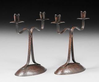 Early Experimental Roycroft Pair Hammered Copper Double Candlesticks c1912