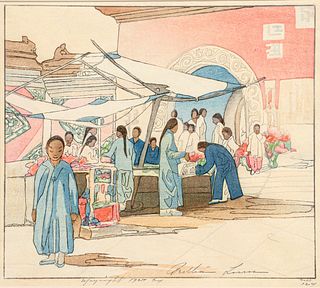 Bertha Lum (1879-1954) Color Woodcut "Lung Fu Sou" Chinese Curio Market 1924
