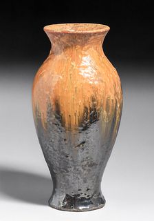 Large Fulper Pottery Orange & Mirror Black Flambe Vase c1910