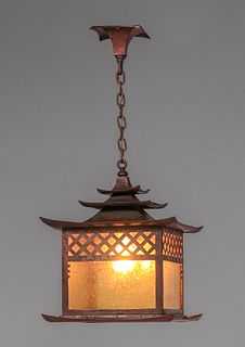 Japonesque Arts & Crafts Hammered Copper & Amber Glass Hanging Light c1910