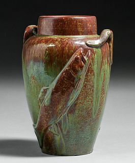 W.J. Walley Pottery Two-Handled Trout Vase c1910