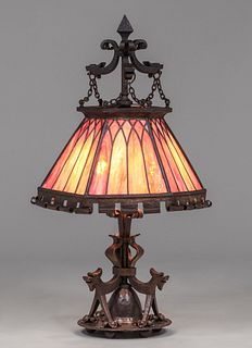 Unusual Arts & Crafts Period Hand-Forged Iron & Leaded Glass Lamp c1910