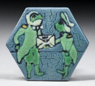 Grueby - Pardee Tile Works Alice in Wonderland Frog-Footman Tile c1917-1920