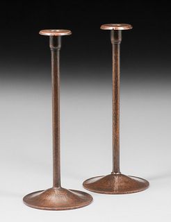 Karl Kipp Tall Pair Hammered Copper Candlesticks c1920s