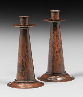 Stickley Brothers Hammered Copper Candlesticks c1910