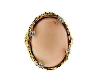 1970s 14k Gold Coral Diamond Ring