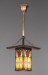 Prairie School Brass & Leaded Glass Hanging Light c1910