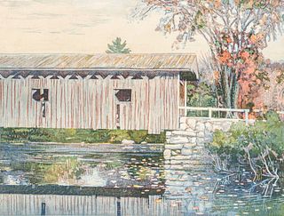 Louis Novak (MA 1903-1983) Color Woodcut "A Covered Bridge" c1940s