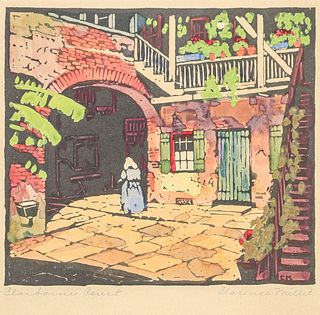 Clarence Millet (Louisiana 1897-1959) Color Woodcut "Claiborne Court" New Orleans c1920s