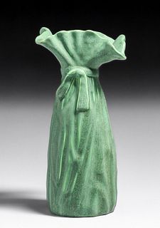 Hampshire Pottery Matte Green Bowtie Flared Vase c1910