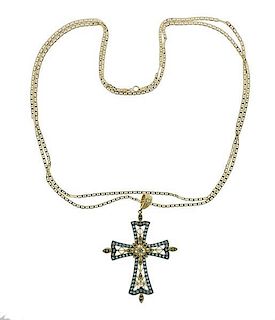 14K Gold Blue Gemstone Cross Pendant Necklace
