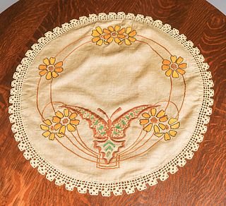 Arts & Crafts Hand Embroidered Butterfly & Daisy Round Linen c1910