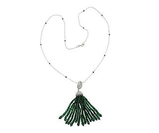 18k Gold Diamond Pearl Green Stone Tassel Necklace