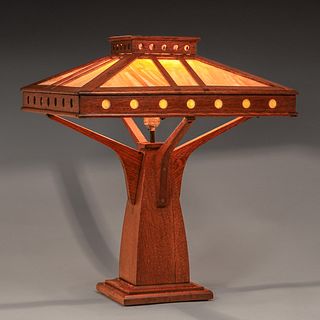 Peterson Art Furniture Co – Faribault, MN Cutout Oak & Slag Glass Lamp c1910