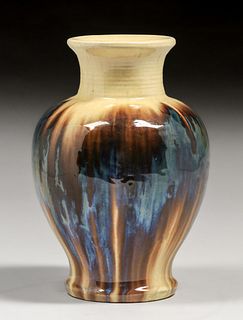 Fulper Pottery Ivory & Mirror Black Flambe Vase c1910s