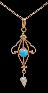 Arts & Crafts Period 10k Gold, Turquoise & Freshwater Pearl Pendant Necklace c1910s