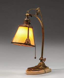 Art Nouveau Brass, Slag Glass & Marble Desk Lamp c1910