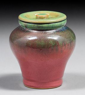 Rafco – Fulper Pottery Green & Famile Rose Covered Vase c1920s