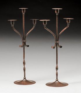 Roycroft Hammered Copper Pair Tall Triple Candlesticks c1920s