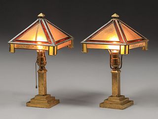 Pair Prairie School Brass & Amber Leaded Glass Lamps c1910