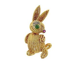 Van Cleef &amp; Arpels 18K Gold Diamond Emerald Ruby Bunny Brooch