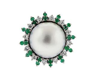 18K Gold Pearl Diamond Emerald Cocktail Ring