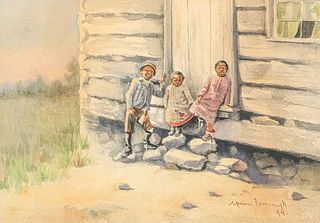Marion Ida Kavanaugh Wachtel (1876-1954) Early Watercolor Log Cabin Children 1894